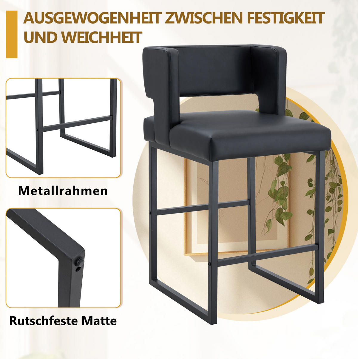 BARHOCKER Schwarz mit gepolstertem PU-Sitz - Schwarz, Metall (53.3/91.4/48cm) - MIVRAY