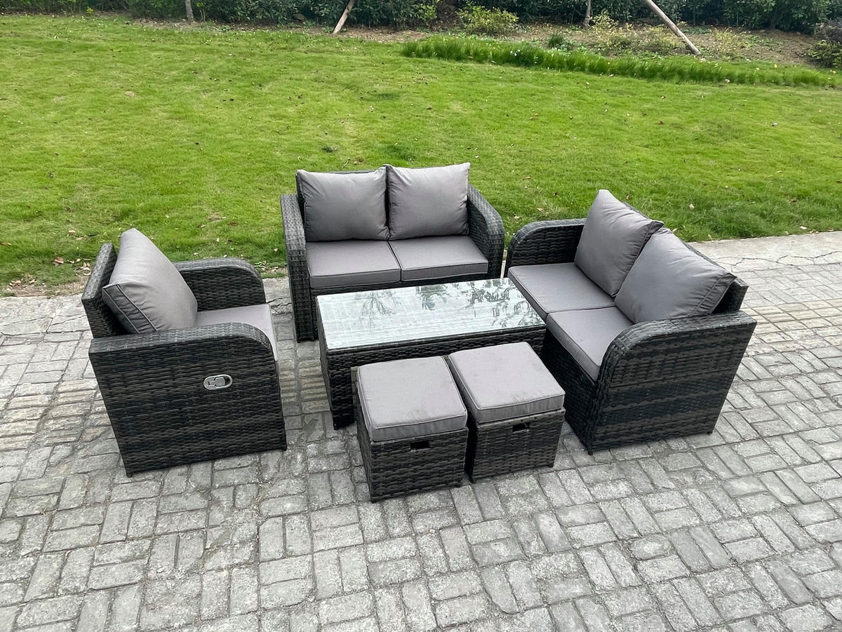 GARTENMÖBEL SET mit Sofa Polyrattan 7-Sitzer Dunkelgrau - Dunkelgrau/Grau, Glas/Kunststoff - Fimous