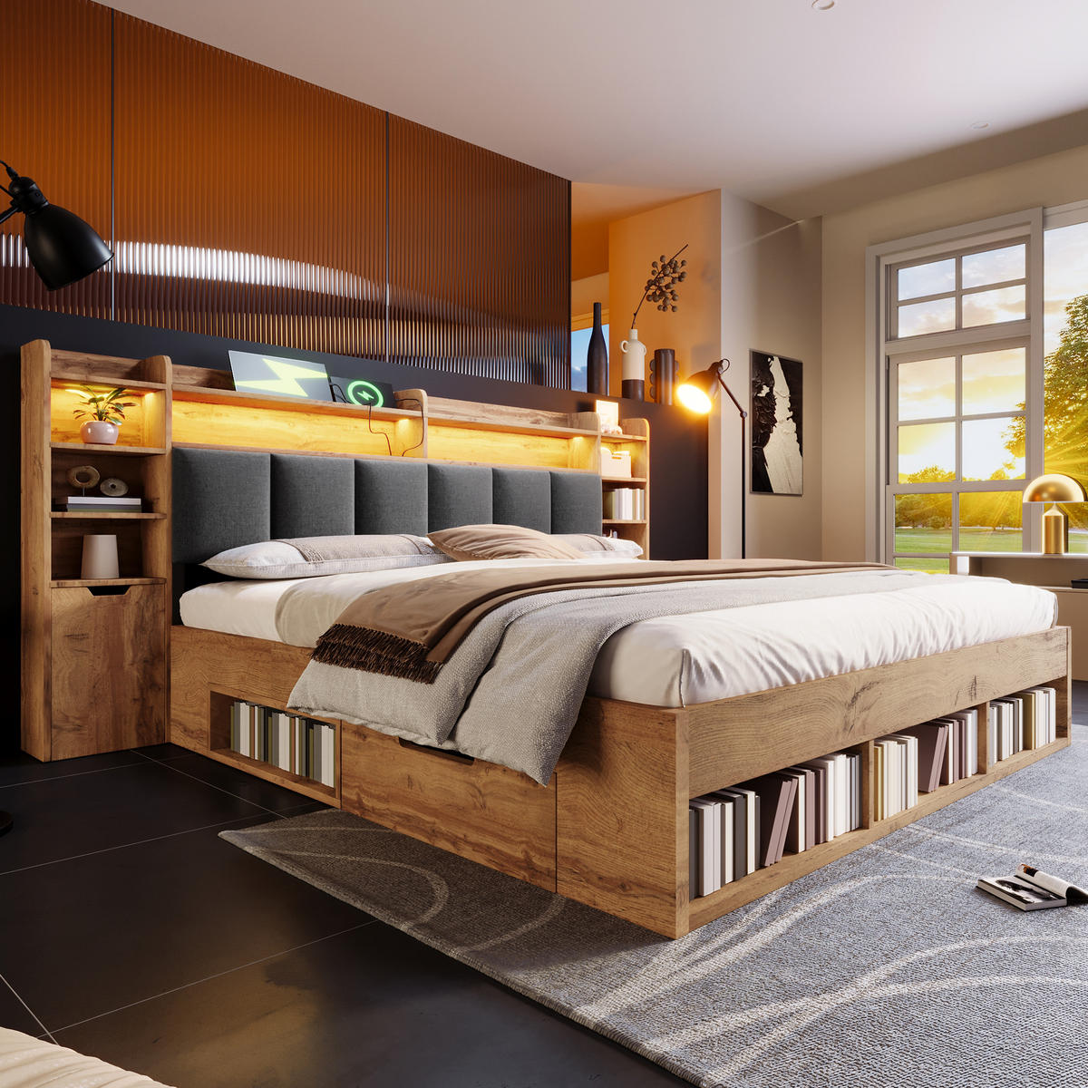 BETT 180/200 cm in Eichefarben mit Schubladen, Regal, LED, USB und Type-C Holzoptik - Eichefarben/Grau, Holzwerkstoff/Textil (180/200cm) - STILVORA