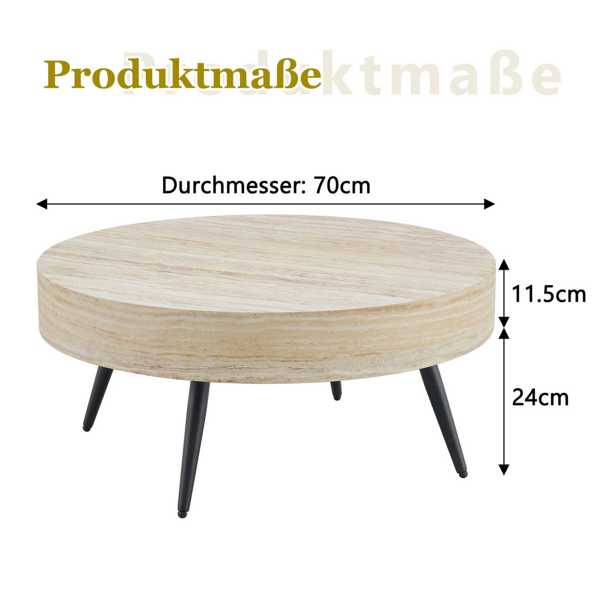 COUCHTISCH 70/35.5 cm in heller Travertin-Optik mit schwarzen Metallbeinen - Schwarz, Holzwerkstoff (70/70/35.5cm) - OKMYHOME