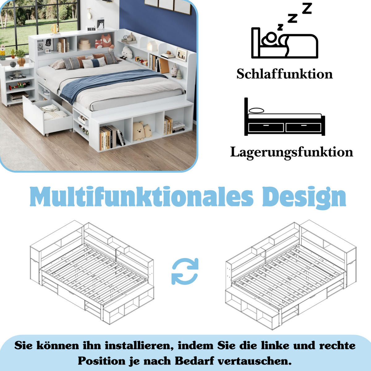 KINDERBETT aus Sperrholz 140x190 cm Weiß mit Schubladen, Regalfächern und Lattenrost - Weiß, Holzwerkstoff (140/190cm) - Modfu