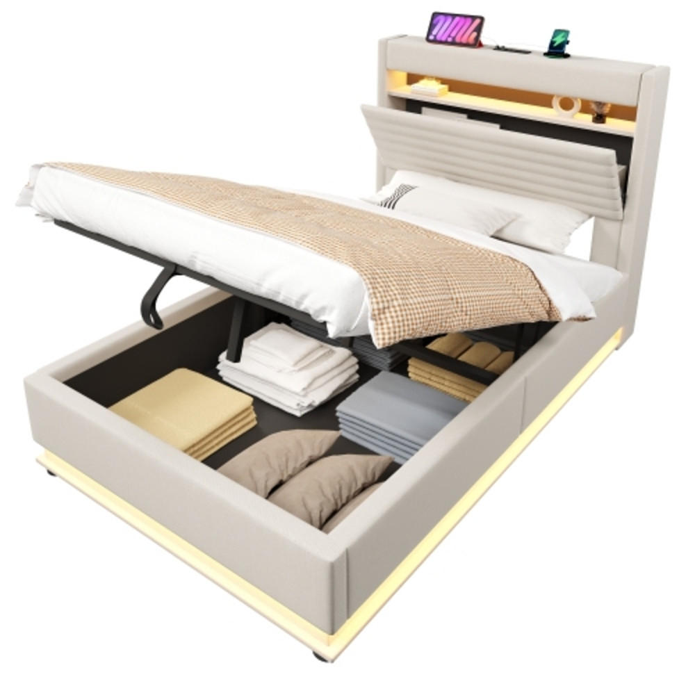 POLSTERBETT beige 218×92,5×113 cm aus Leinen-Stoff mit Hydraulik-Stauraum, doppelte LED-Leisten - Beige, Textil (90/200cm) - Luhomfu