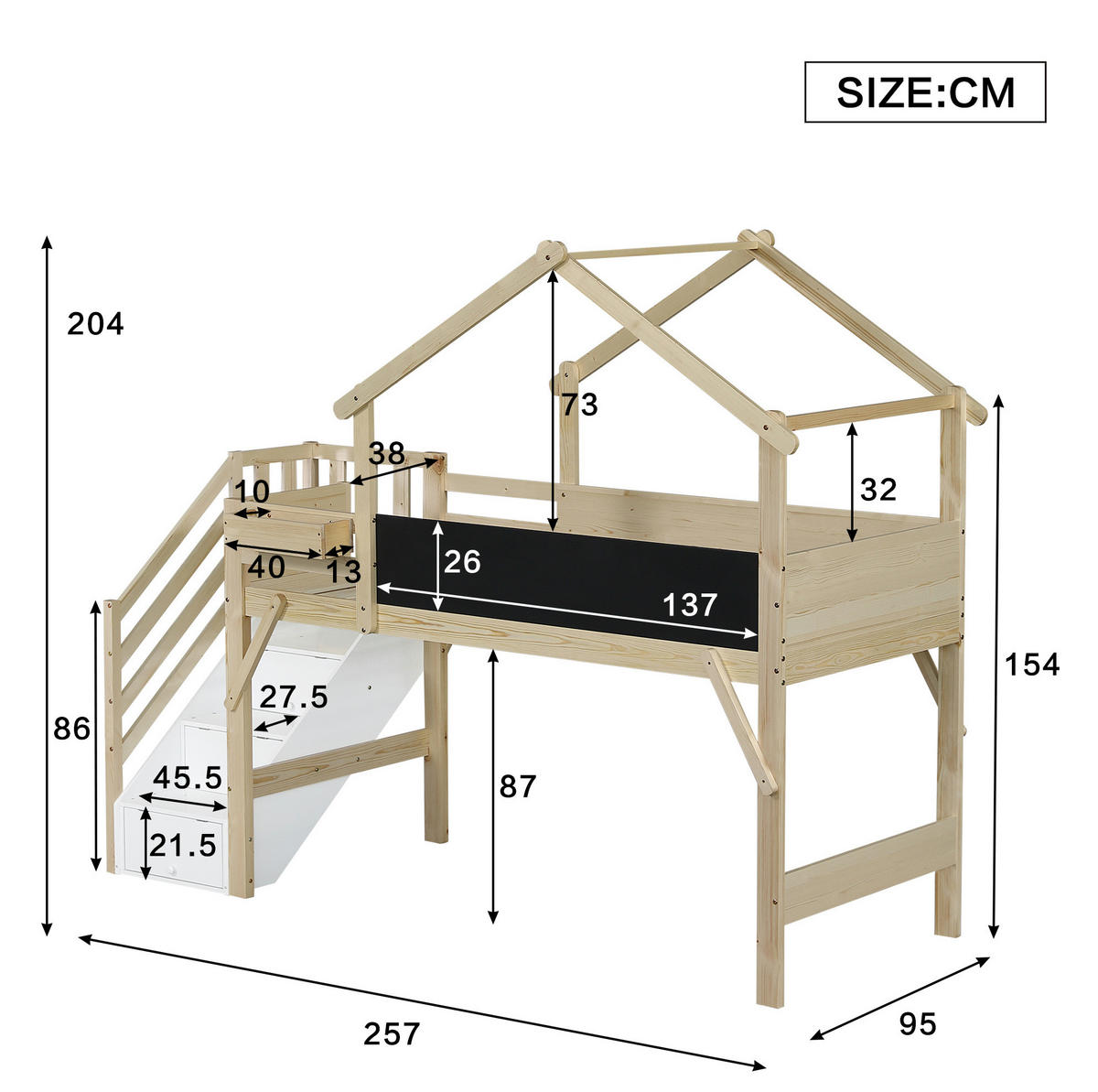 ETAGENBETT aus Kiefer, MDF und Sperrholz 90x200 cm Weiß/Natur mit Stauraumtreppe, Tafel und Dachdesign - Weiß, Holzwerkstoff (90/200cm) - Modfu