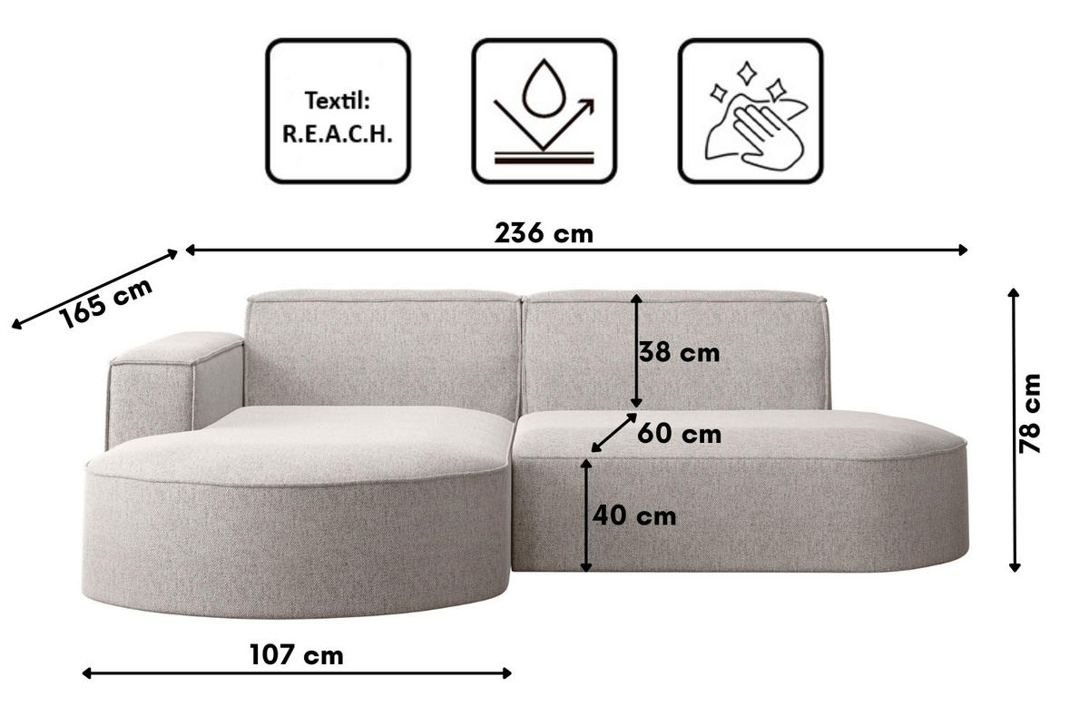 ECKSOFA MODENA L STUDIO Stoff Verita Beige Links - Beige, Holz (165/236cm) - Kaiser Möbel