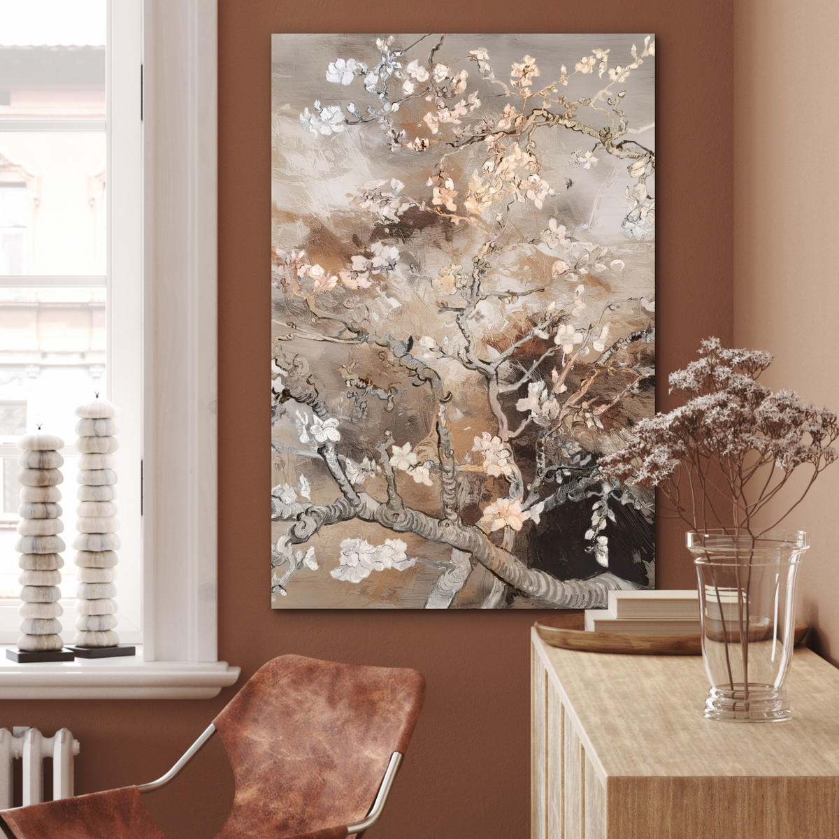 METALLBILD Mandelblüte - Kunst - Van Gogh - Beige - Abstrakt 60x90 cm - Braun, Metall (60/90cm) - MuchoWow