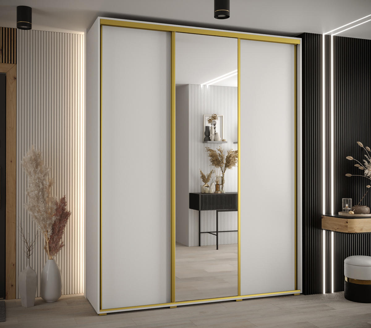 SCHWEBETÜRENSCHRANK 235,2/190/45 3-türig - Goldfarben/Weiß, Holz/Metall (190/235/45cm) - Abiks Möbel