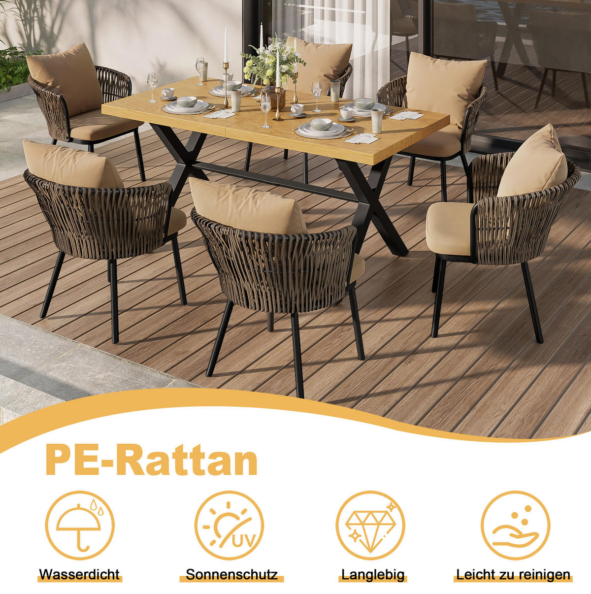 GARTEN-ESSGRUPPE 150/75/75 cm khaki/natur aus Eisen und Polyester für 6 Personen - Naturfarben, Metall - OKWISH