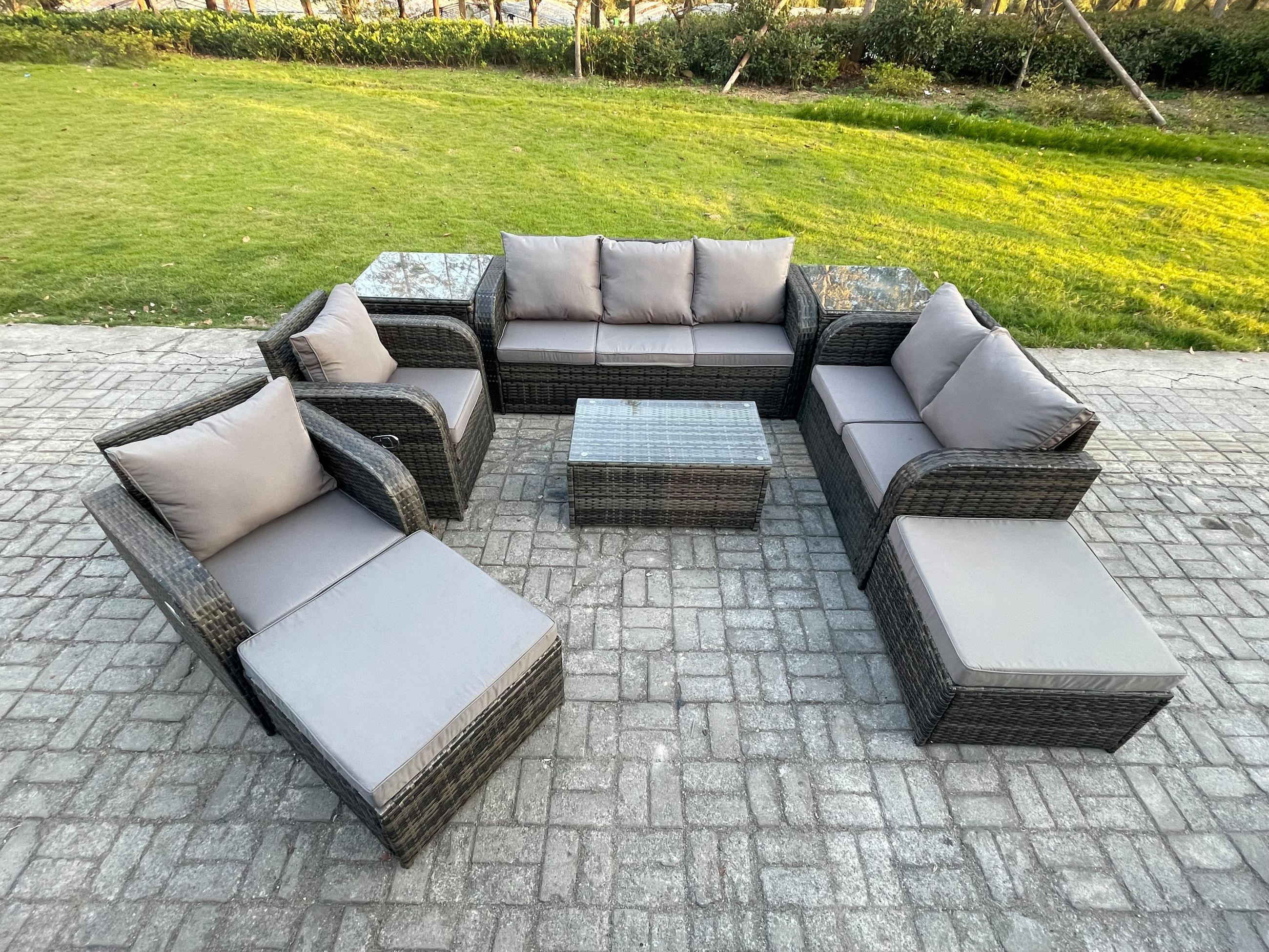 GARTENMÖBELSET mit Couchtisch Polyrattan 9-Sitzer - Dunkelgrau/Grau, Glas/Kunststoff - Fimous