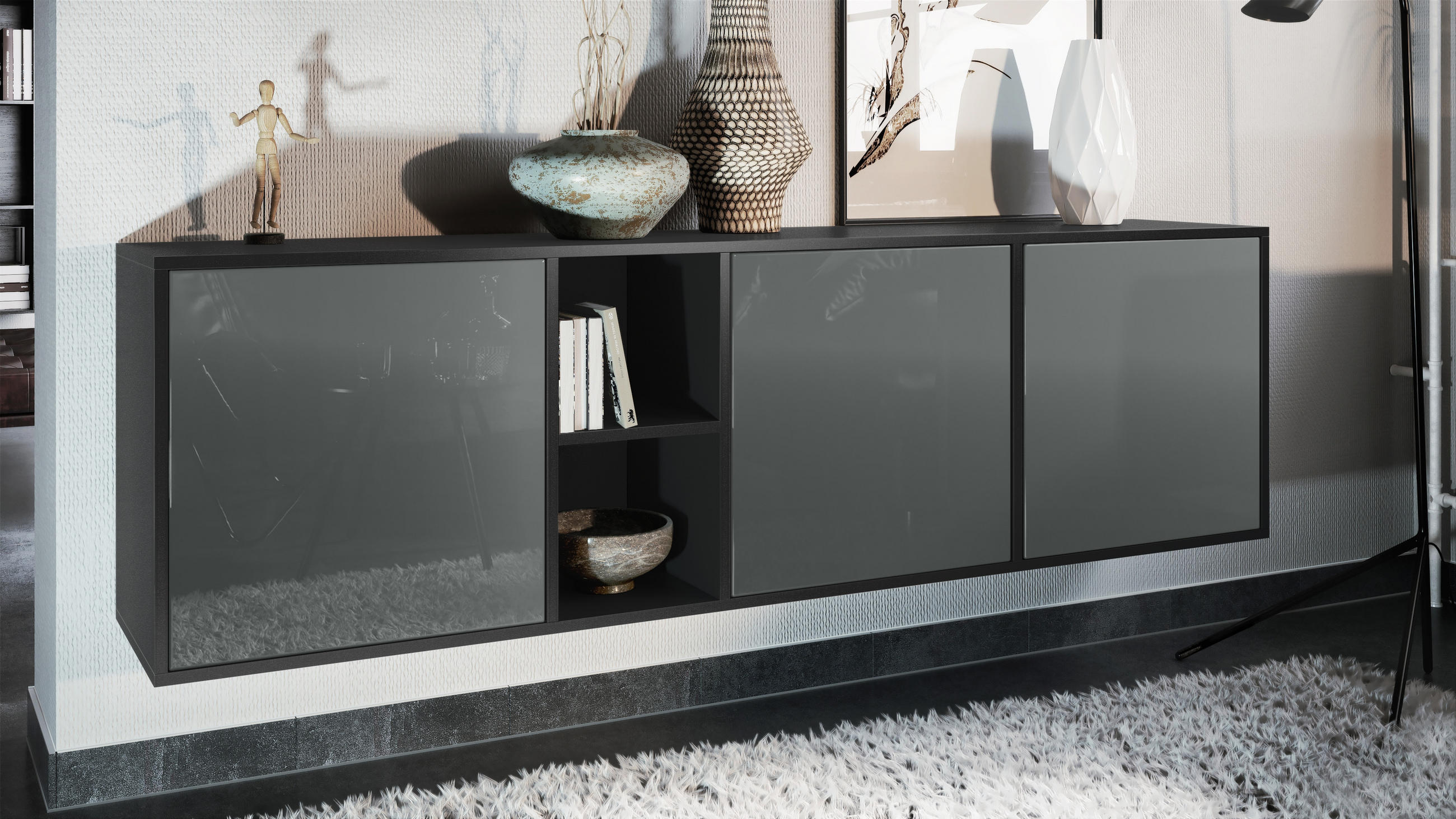 SIDEBOARD Cuba Türen in Grau Hochglanz - Grau, Holzwerkstoff (182/53/35cm) - Vladon
