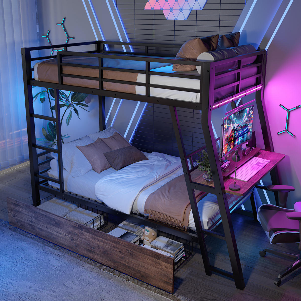 HOCHBETT 90/200 cm aus Metall mit LED-Leiste, Schreibtisch, Schwarz - Schwarz, Metall (90/200cm) - OKMYHOME