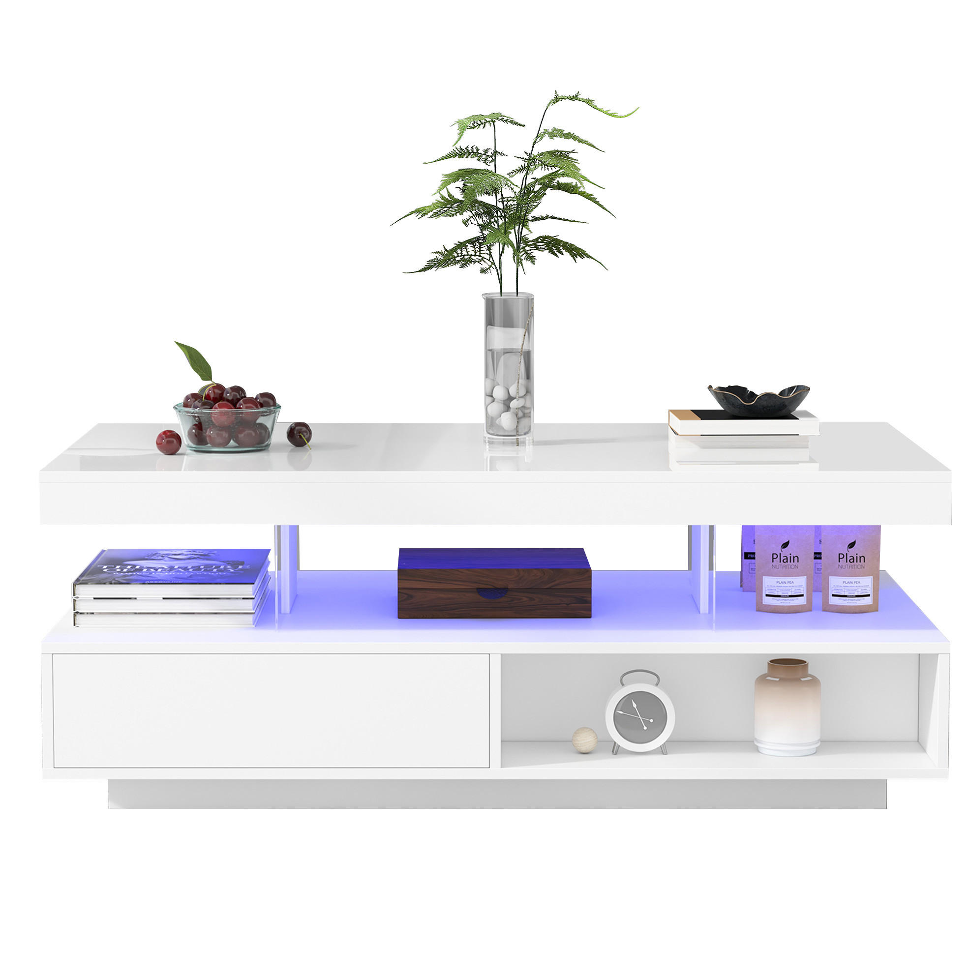 COUCHTISCH 95/50/42,5 cm in Weiß Hochglanz mit LED-Beleuchtung und 2 Schubladen - Weiß, Holzwerkstoff (90/50/42.5cm) - Flora Grace