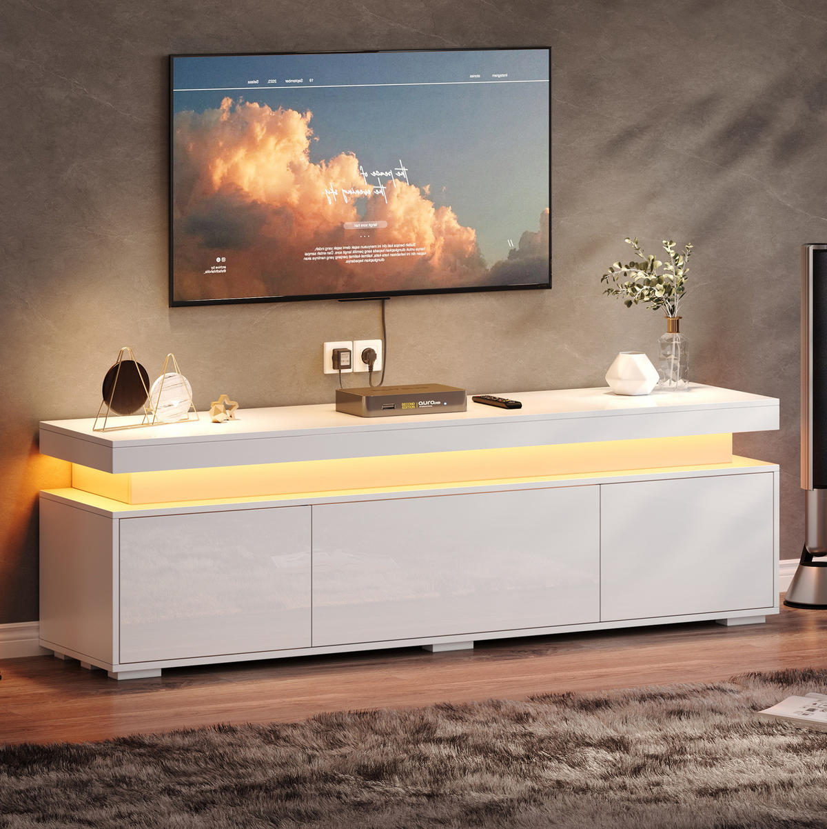 TV-LOWBOARD aus Spanplatte 150x35x43 cm Weiß mit LED-Beleuchtung und 3 Türen - Weiß, Holzwerkstoff (150/43/35cm) - IVMEU