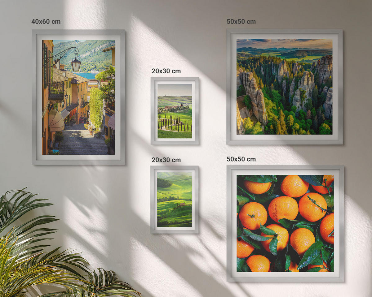 BILDER SET 5er Set - 50x50 cm & 20x30 cm & 40x60 cm Silberner Rahmen - Italienische Landschaft Orangen Natur - Silberfarben, Kunststoff (40/60cm) - TULUP