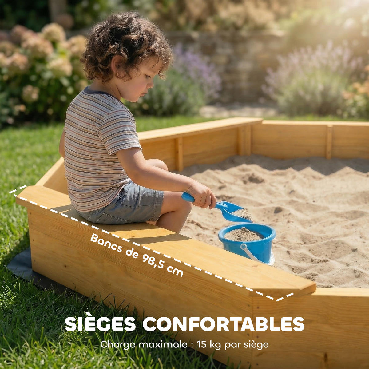 SANDKASTEN DE-18759 achteckig mit Sonnensegel & 4 Bänken Gelb - Gelb, Holzwerkstoff (214.5/214.5/22.5cm) - ComfortXL