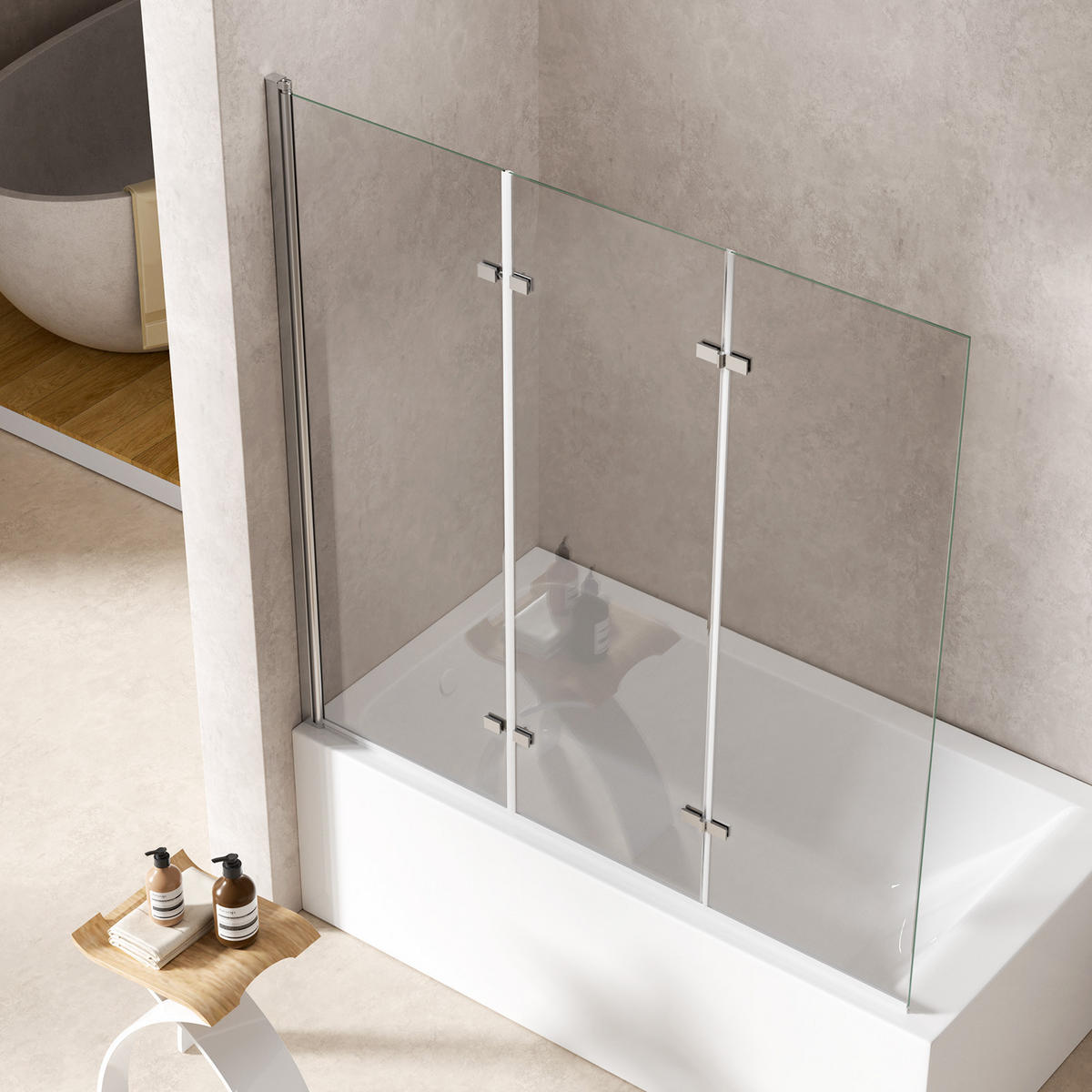 BADEWANNENAUFSATZ 130/140 cm Chrom 3-tlg. faltbar 6 mm mit beidseitiger Nano-Beschichtung - Chromfarben, Glas (130/140cm) - S'AFIELINA