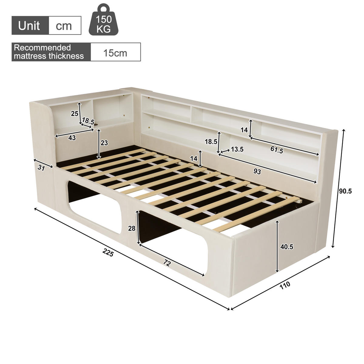 POLSTERBETT aus Samt 90x200 cm in Beige mit LED & USB/Type-C - Beige, Textil (90/200cm) - Modfu
