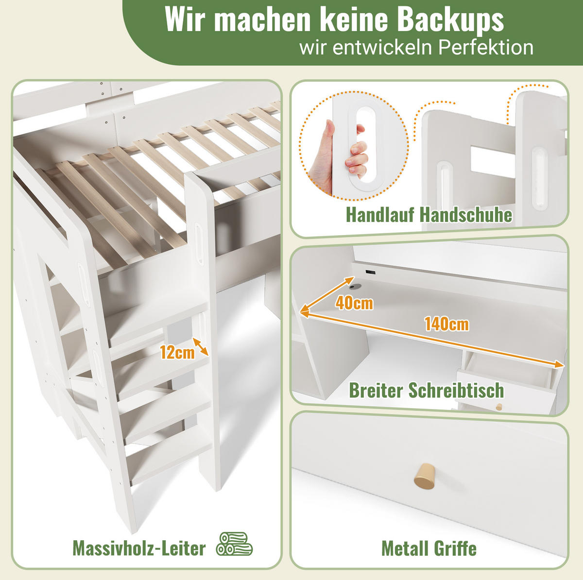 HOCHBETT 90/200 cm Weiß aus MDF, Spanplatte und Massivholz mit Schreibtisch und Stauraum - Weiß, Holzwerkstoff (90/200cm) - OKMYHOME