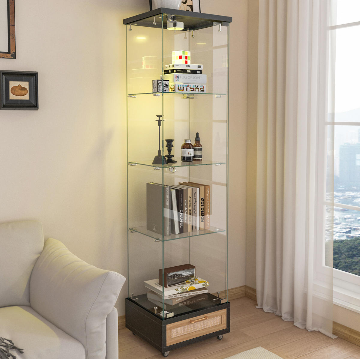 VITRINE 42.5/36.5/167 cm schwarz aus MDF und Glas mit LED-Beleuchtung - Schwarz, Holzwerkstoff (36.5/167/42.5cm) - OKMYHOME