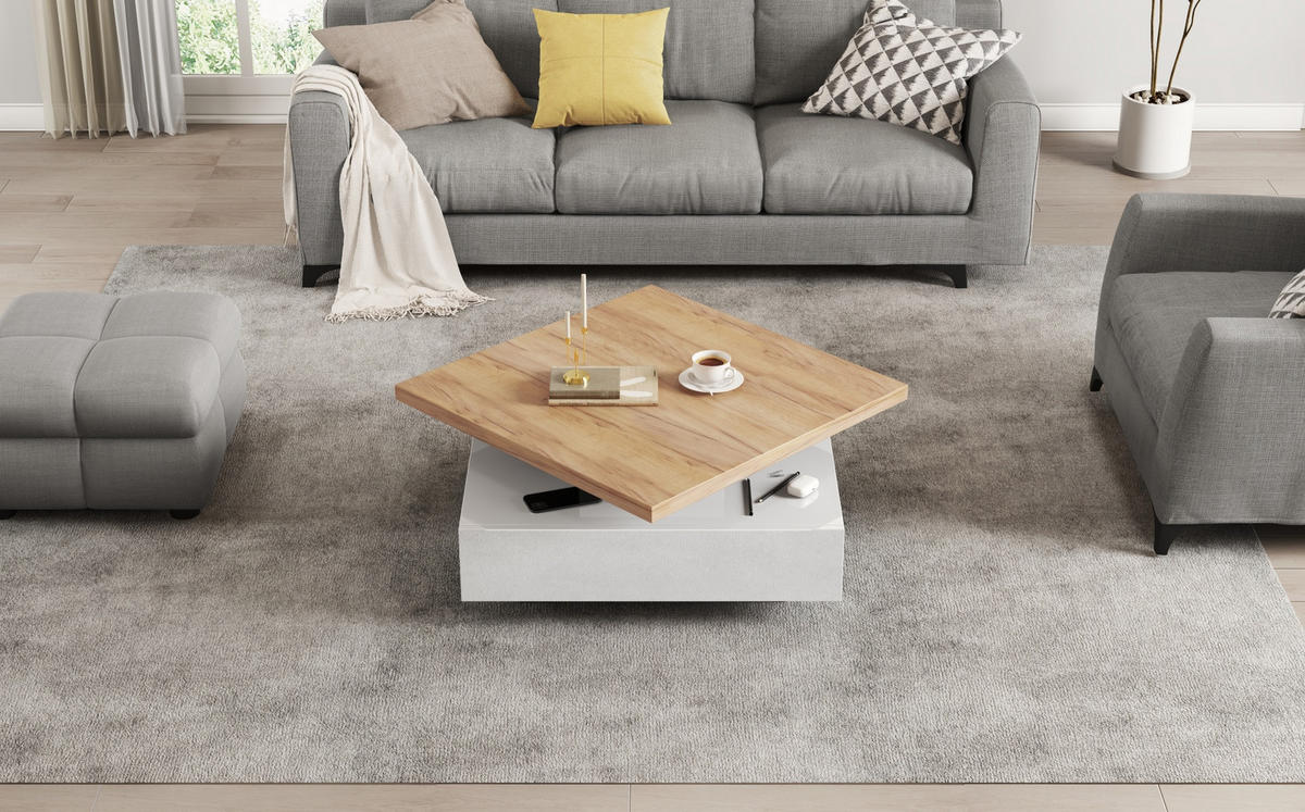 COUCHTISCH 70/70/36 cm weiß Hochglanz mit 360° schwenkbarem Tisch und Stauraum - Weiß, Holzwerkstoff (70/70/36cm) - OKWISH