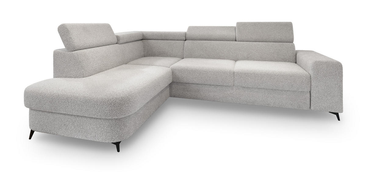 ECKSOFA ALVORO L-S Hellgrau Boucle-Stoff mit Schlaffunktion - Hellgrau, Holz (253/190cm) - MASSENO