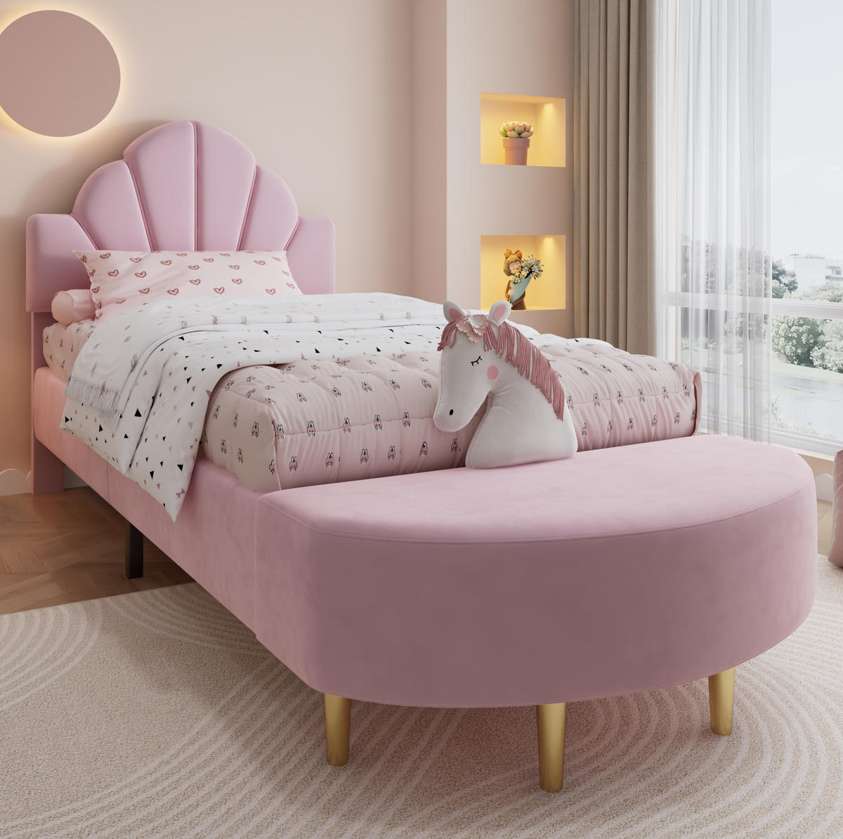 SAMT-POLSTERBETT 90/200 cm in Rosa mit gepolstertem Kopfteil und Bettbank - Rosa, Textil (90/200cm) - BEAOK