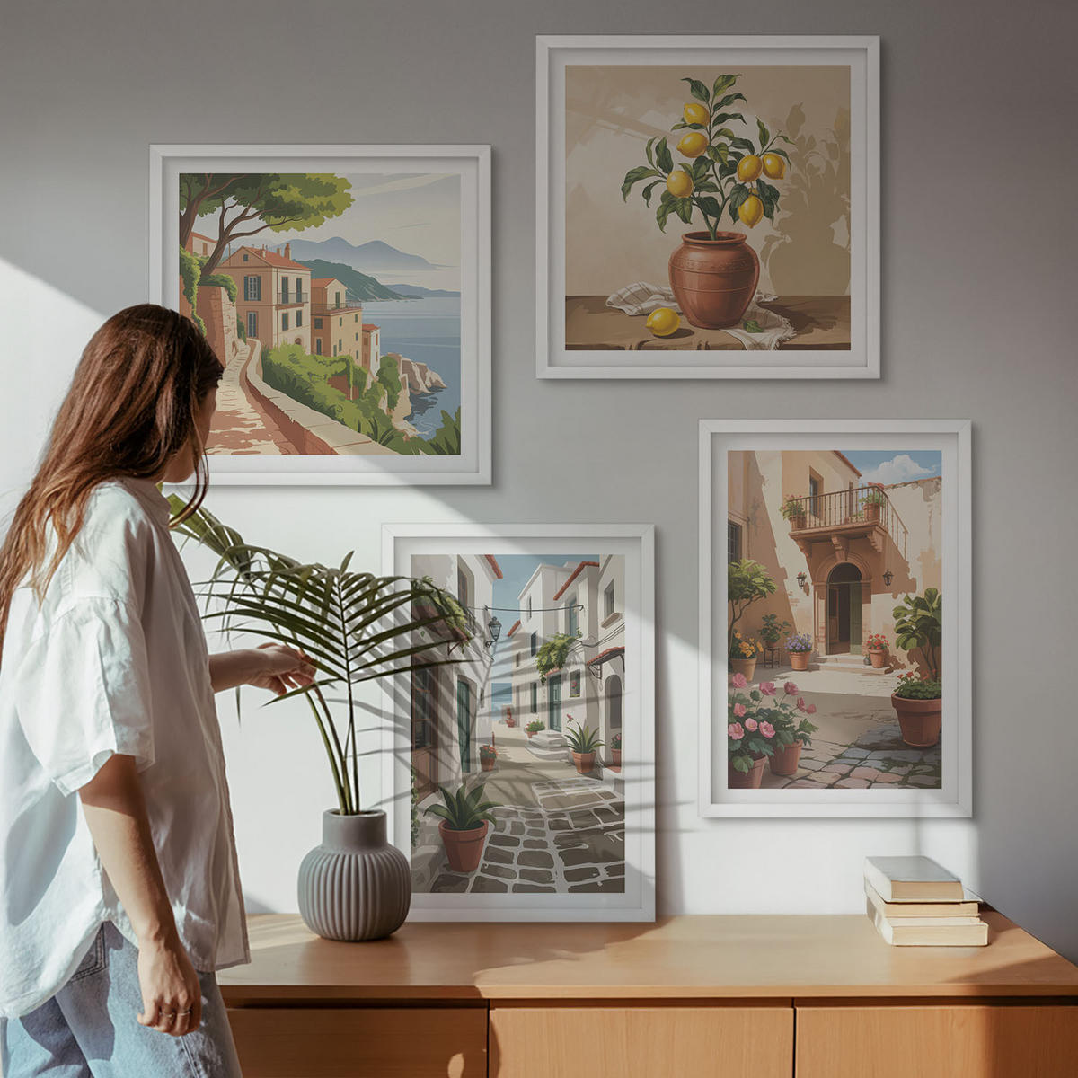 BILDER SET 4er Set - 50x50 cm & 40x60 cm Weißer Rahmen - Straßen, Häuser, Pflanzen, Töpfe - Weiß, Kunststoff (50/50cm) - TULUP
