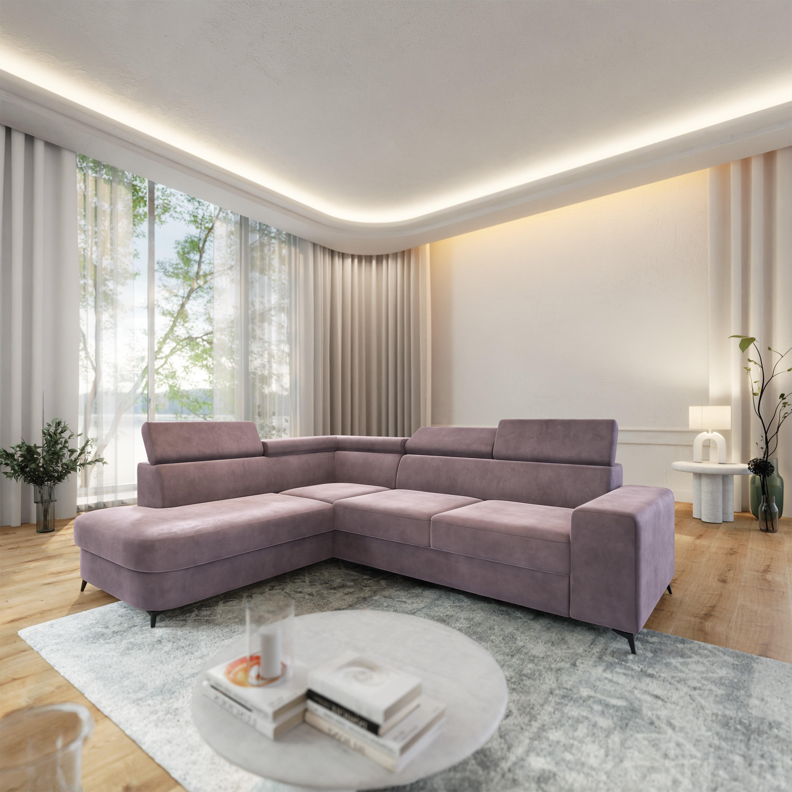 ECKSOFA ALVORO L-S Lila Velours-Stoff mit Schlaffunktion - Lila, Holz (253/190cm) - MASSENO