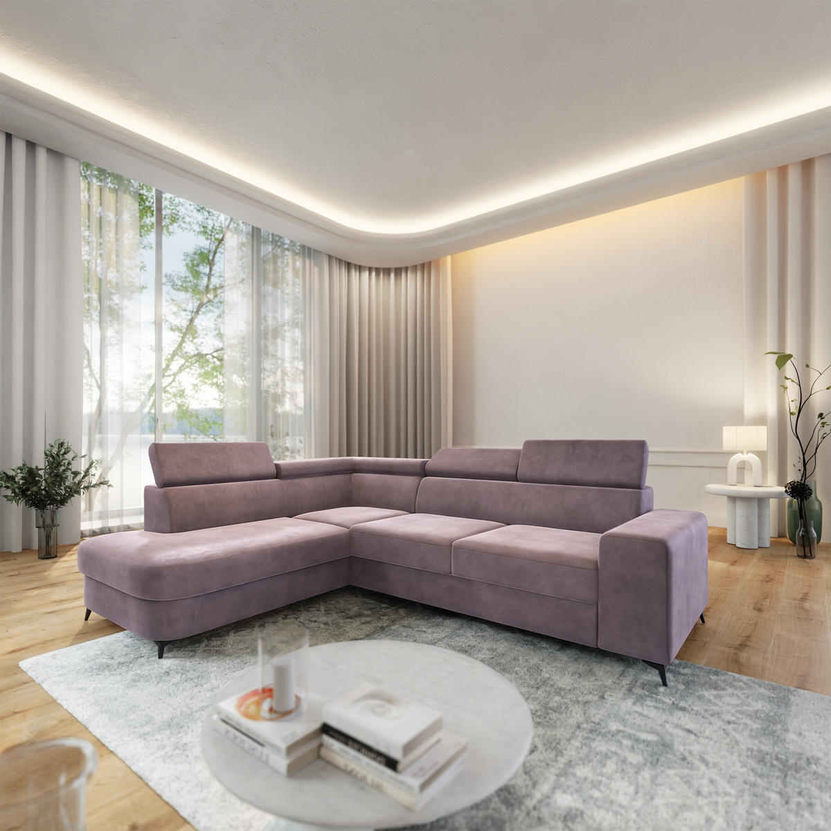 ECKSOFA ALVORO L-S Lila Velours-Stoff mit Schlaffunktion - Lila, Holz (253/190cm) - MASSENO