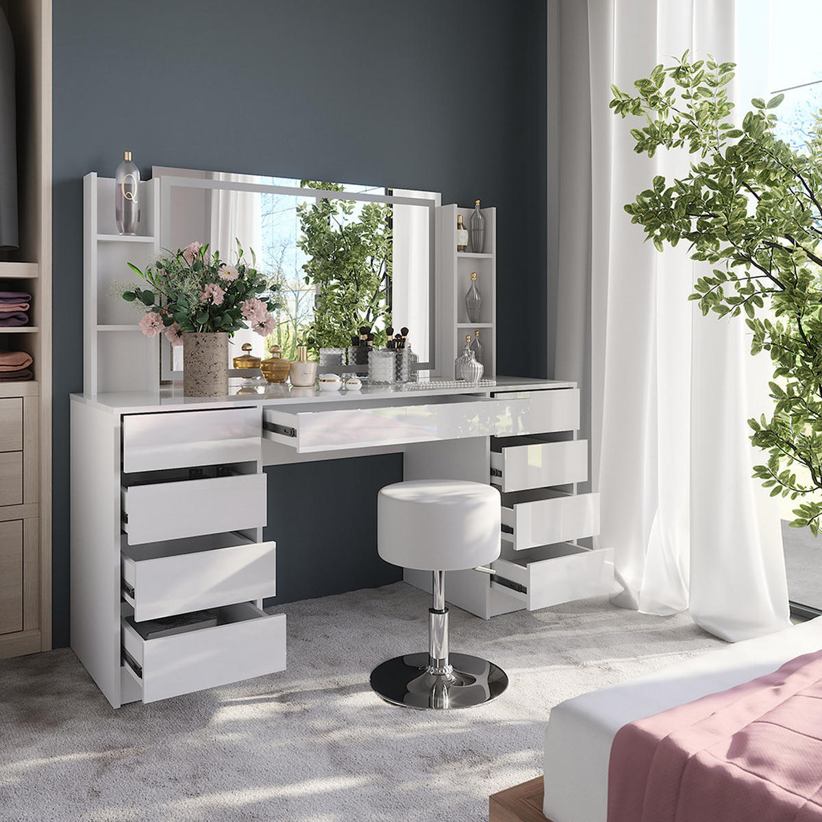 SCHMINKTISCH Sherry Weiß/Weiß Hochglanz 158.2 cm 5 Teile - Weiß Hochglanz, Holzwerkstoff (158.2/76/50.1cm) - Vicco