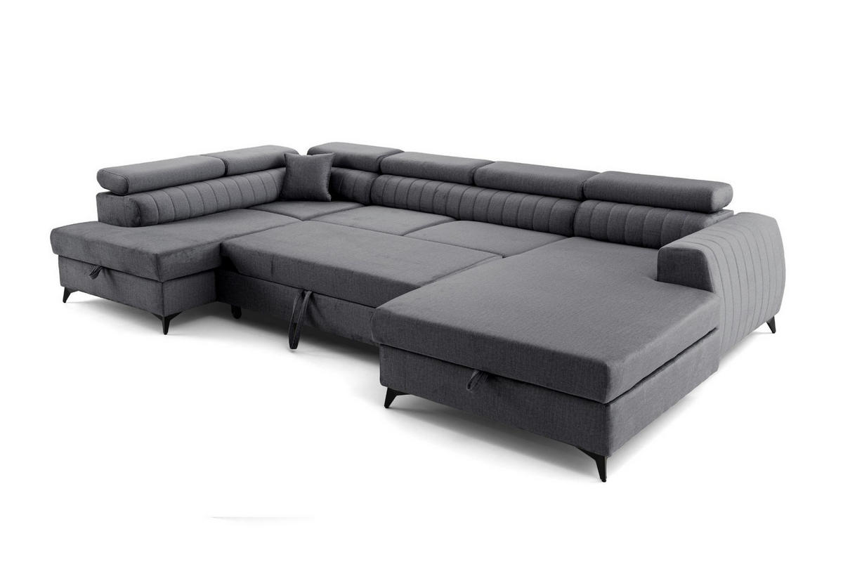 ECKSOFA U-Form PIERO U Links mit Schlaffunktion 125x260 Velours Dunkelgrau - Dunkelgrau/Schwarz, Holz/Textil (350/90/203cm) - Muffo