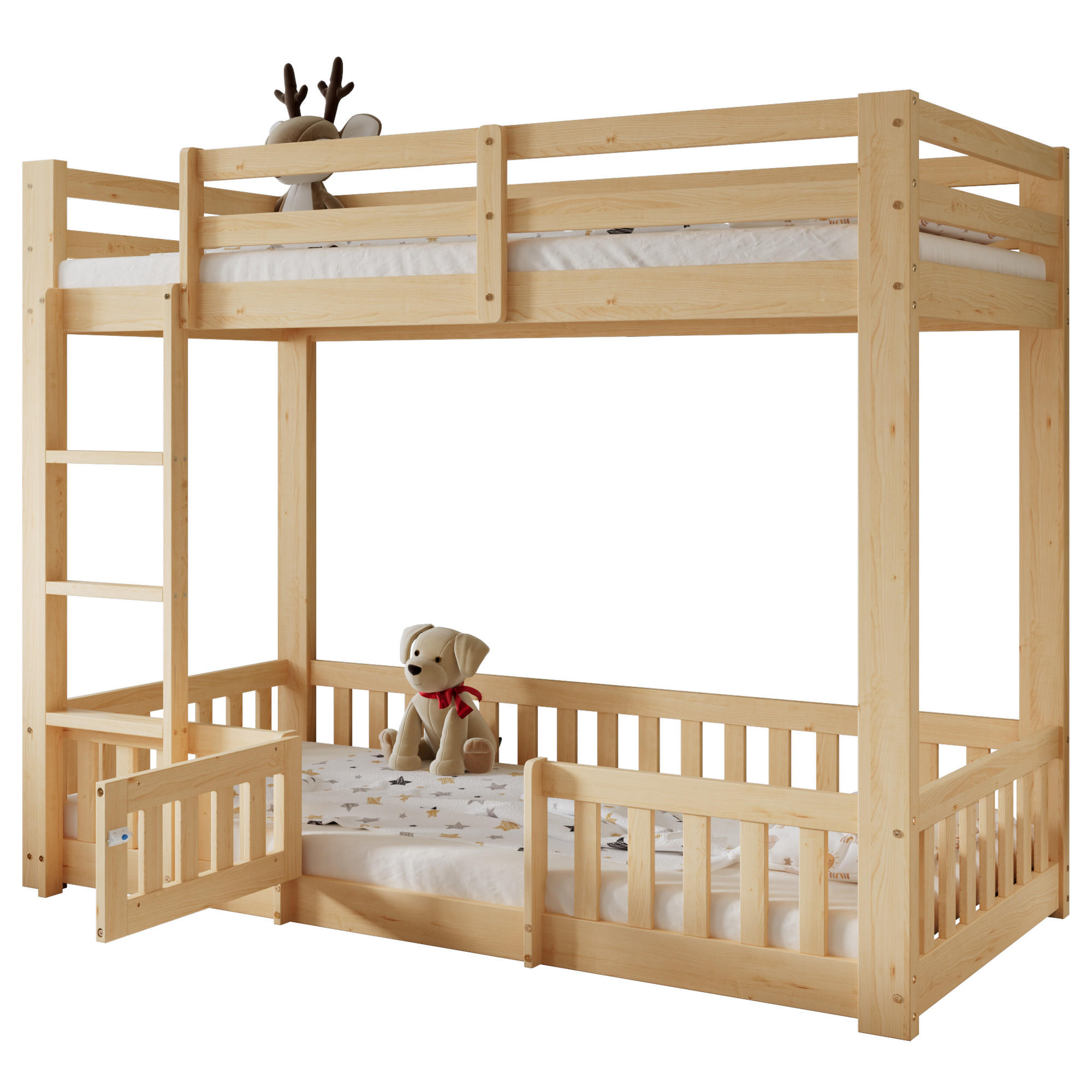 CHICFURN PATROVÁ POSTEL 90/200 cm v přírodní barvě se schůdky a ochrannými zábranami