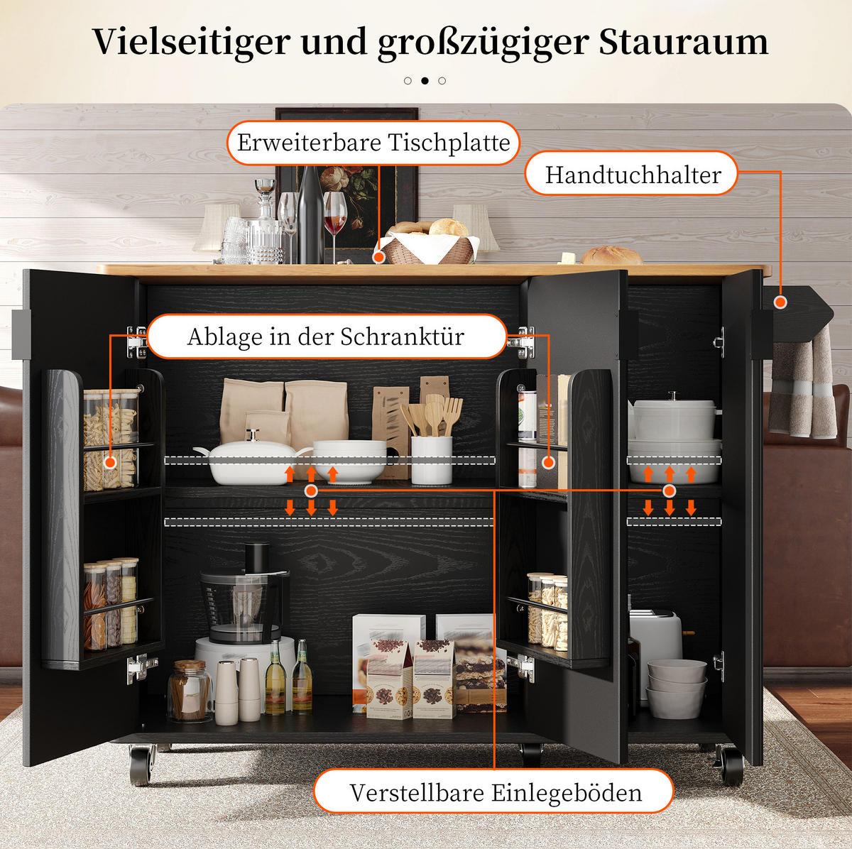KÜCHENINSEL 130/75 x 45 x 92 cm Schwarz MDF - Schwarz, Holz (45/92/130cm) - Beauniv