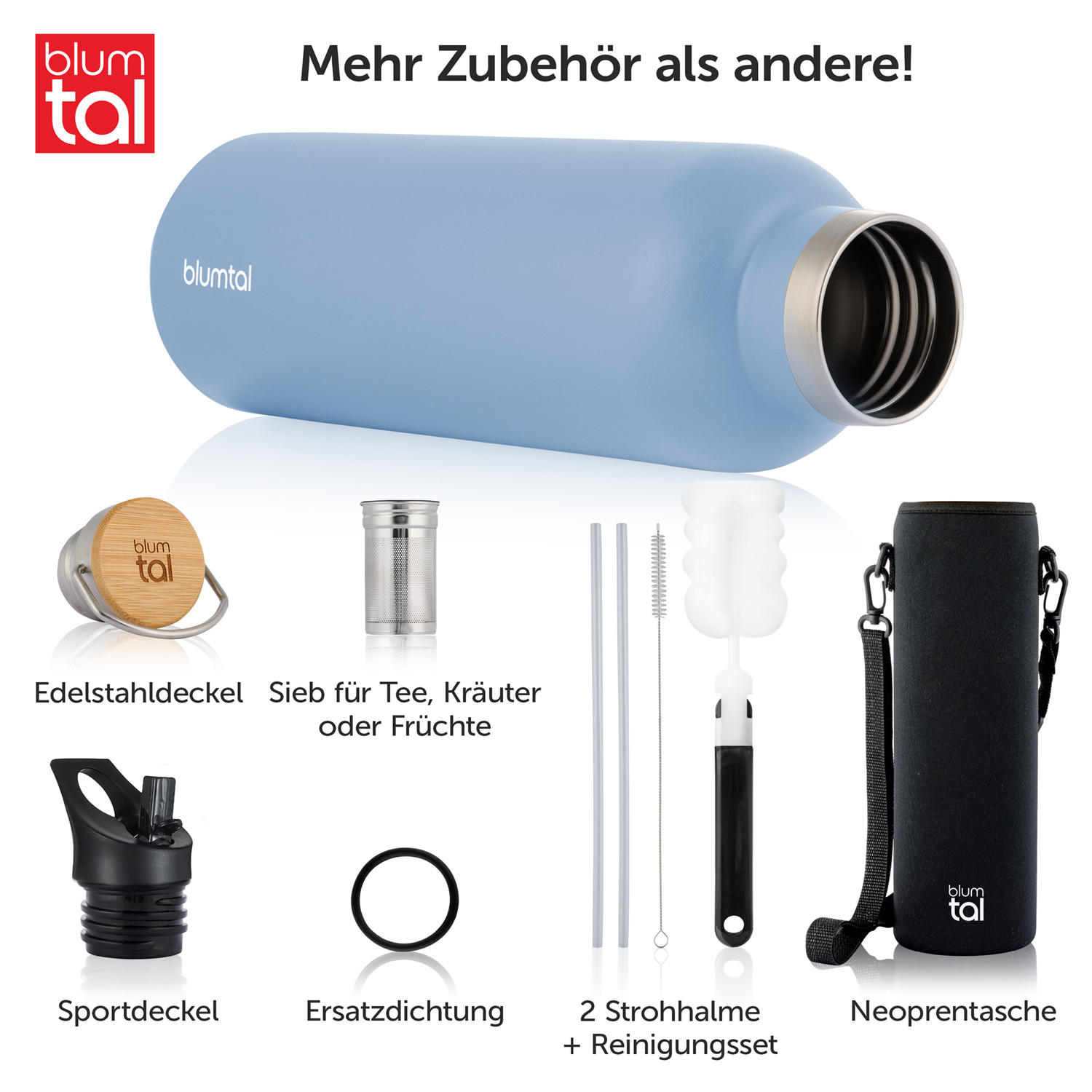 TRINKFLASCHE Leni 500 ml, inkl. Teesieb und Sportdeckel - Blaugrau, Metall (0.5L) - Blumtal