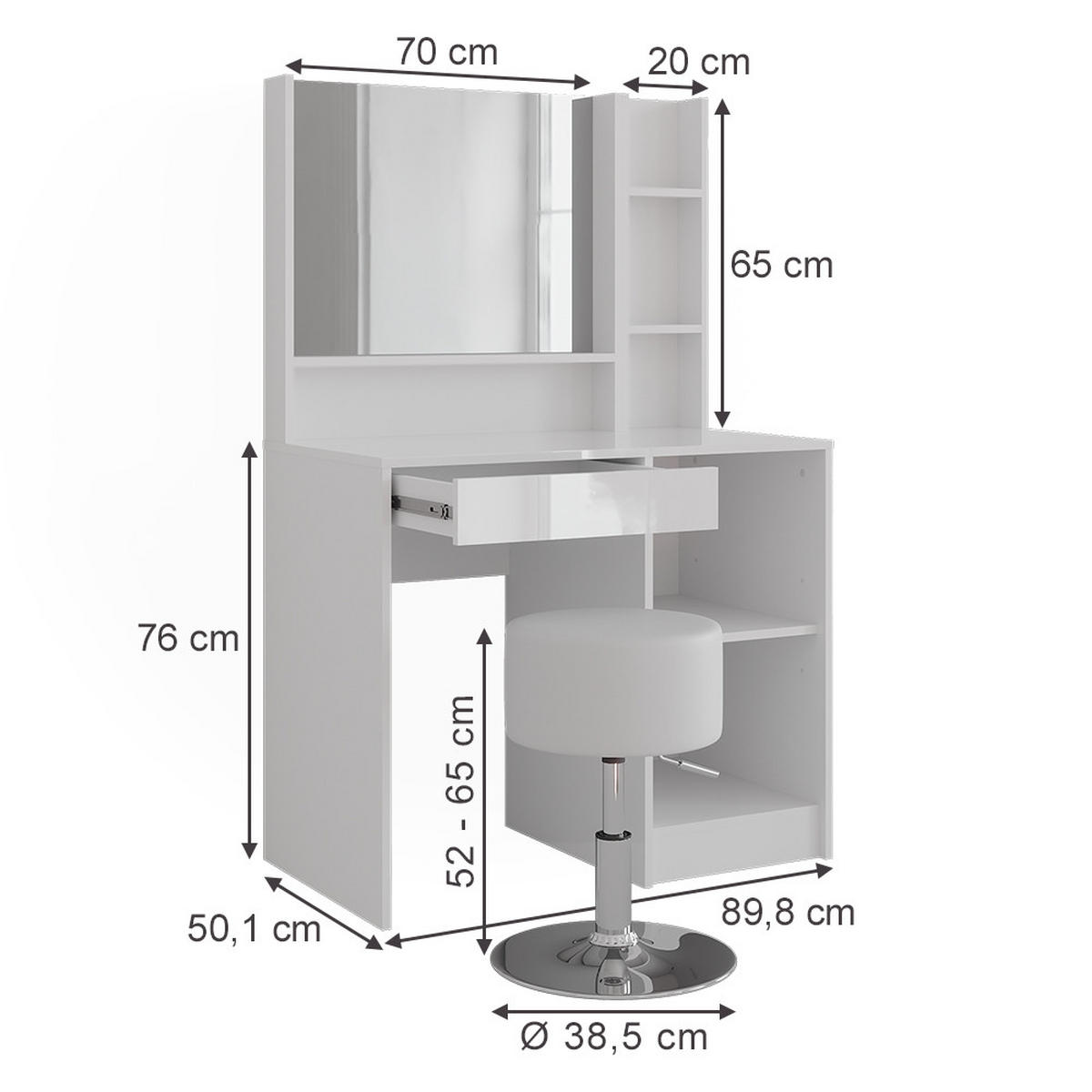 SCHMINKTISCH Sherry Weiß/Weiß Hochglanz 89.8 cm 4 Teile - Weiß Hochglanz, Holzwerkstoff (89.8/76/50.1cm) - Vicco