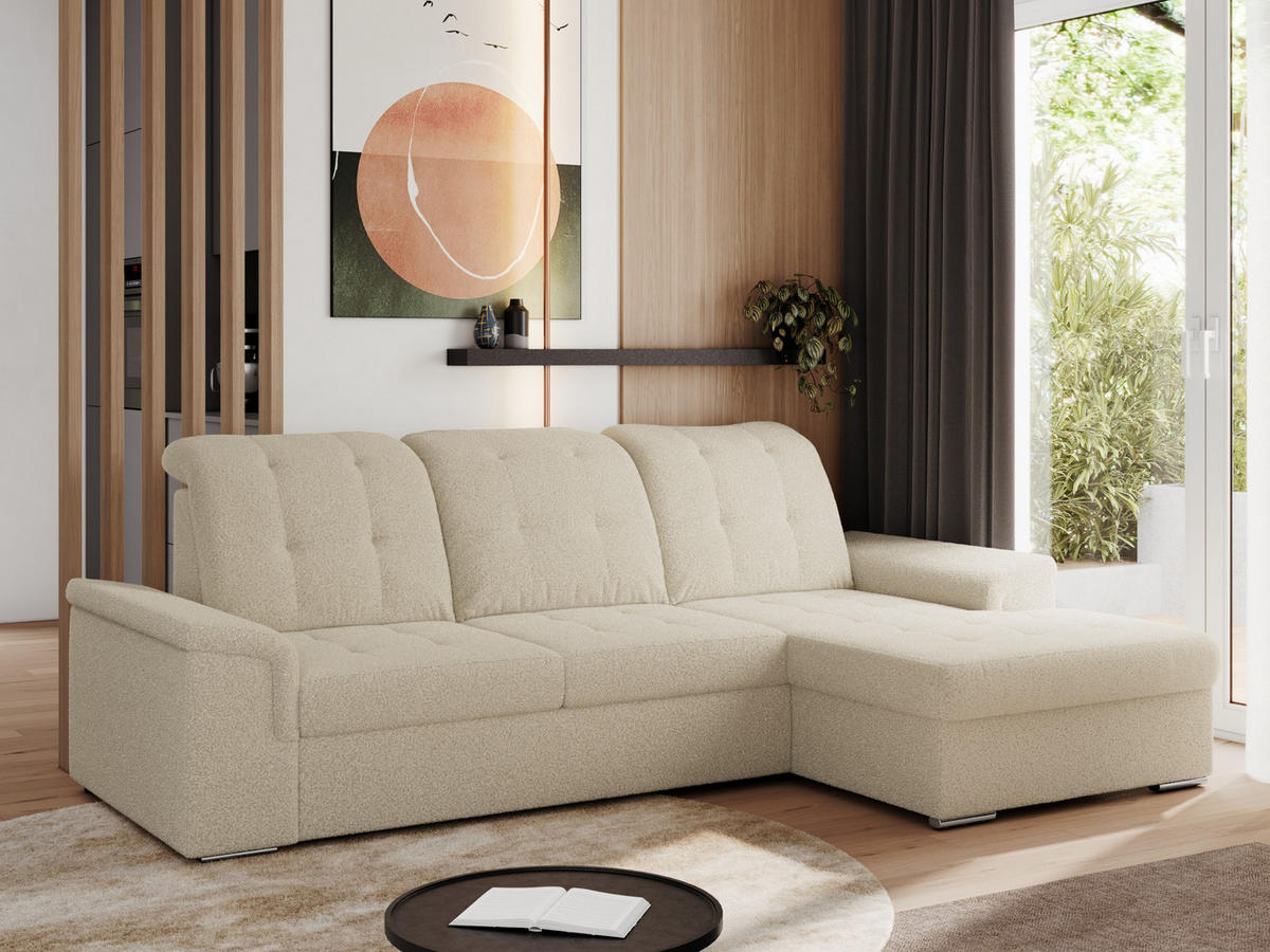ECKSOFA MADRITO L - Beige Boucle - Rechts - Beige/Silberfarben, Textil/Metall (256/160cm)