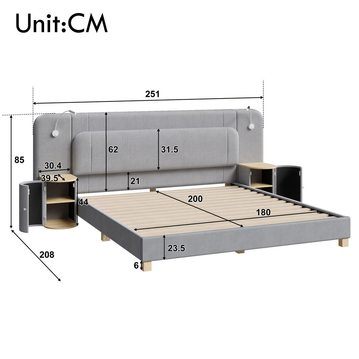 POLSTERBETT 180/200 cm mit Nachttischen und LED, DE-41849, in Grau - Grau, Holzwerkstoff (180/200cm) - ComfortXL