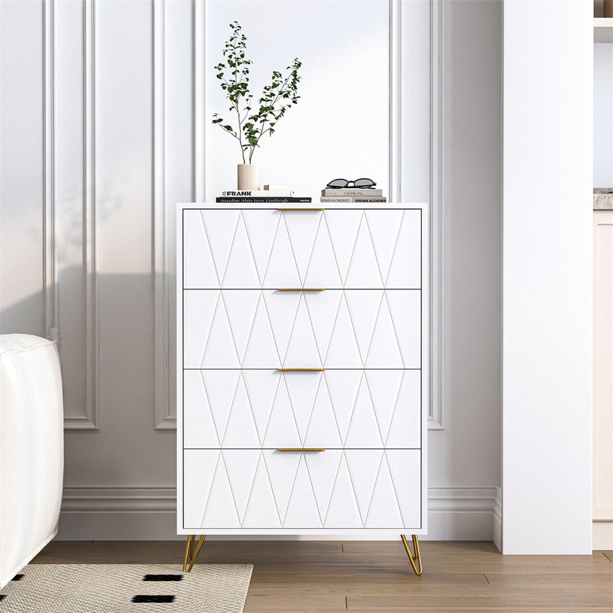 KOMMODE mit 4 Schubladen - Rautenmuster-Design und goldene Metallbeine - für Wohnzimmer und Schlafzimmer - Weiß - Weiß, Holzwerkstoff (60/90/34cm) - DELFA