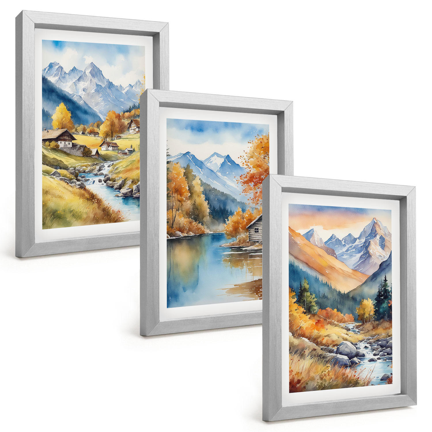 BILDER SET 3er Set - 20x30 cm Silberner Rahmen - Herbstliche Berge, Flusshäuser - Silberfarben, Kunststoff (20/30cm) - TULUP