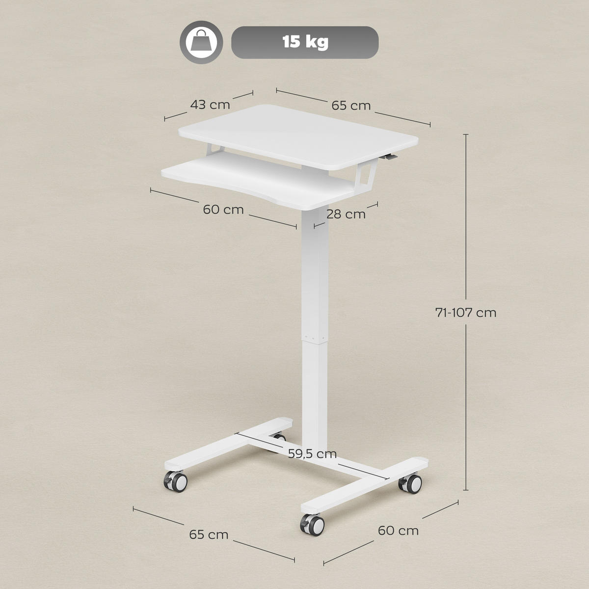 SCHREIBTISCH mit tastaturablage höhenverstellbar 71-107cm - Weiß, Holzwerkstoff (60/65/107cm) - Gisaae