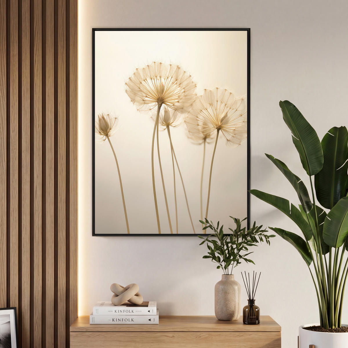LEINWAND Bilder mit Rahmen - Sonnenlicht - Löwenzahn - Botanisch - Blumen - 70x100 - Creme, Textil (70/100cm) - MuchoWow