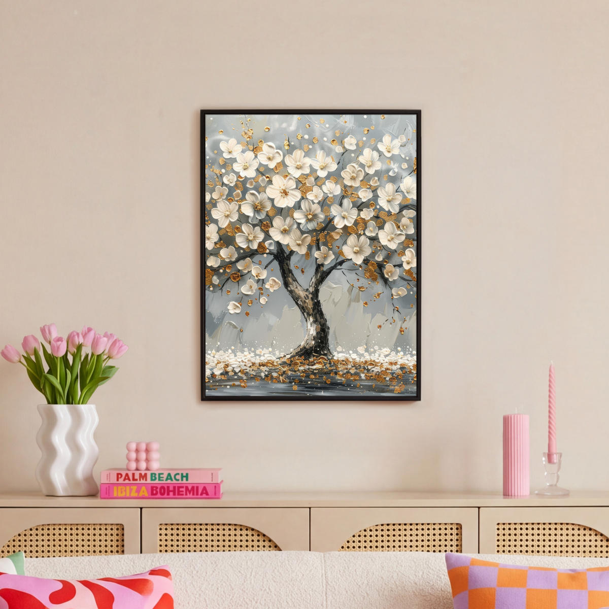 LEINWAND Bilder mit Rahmen - Baum - Blumen - Weiß - Natur - Kunst - 50x70 - Weiß, Textil (50/70cm) - MuchoWow