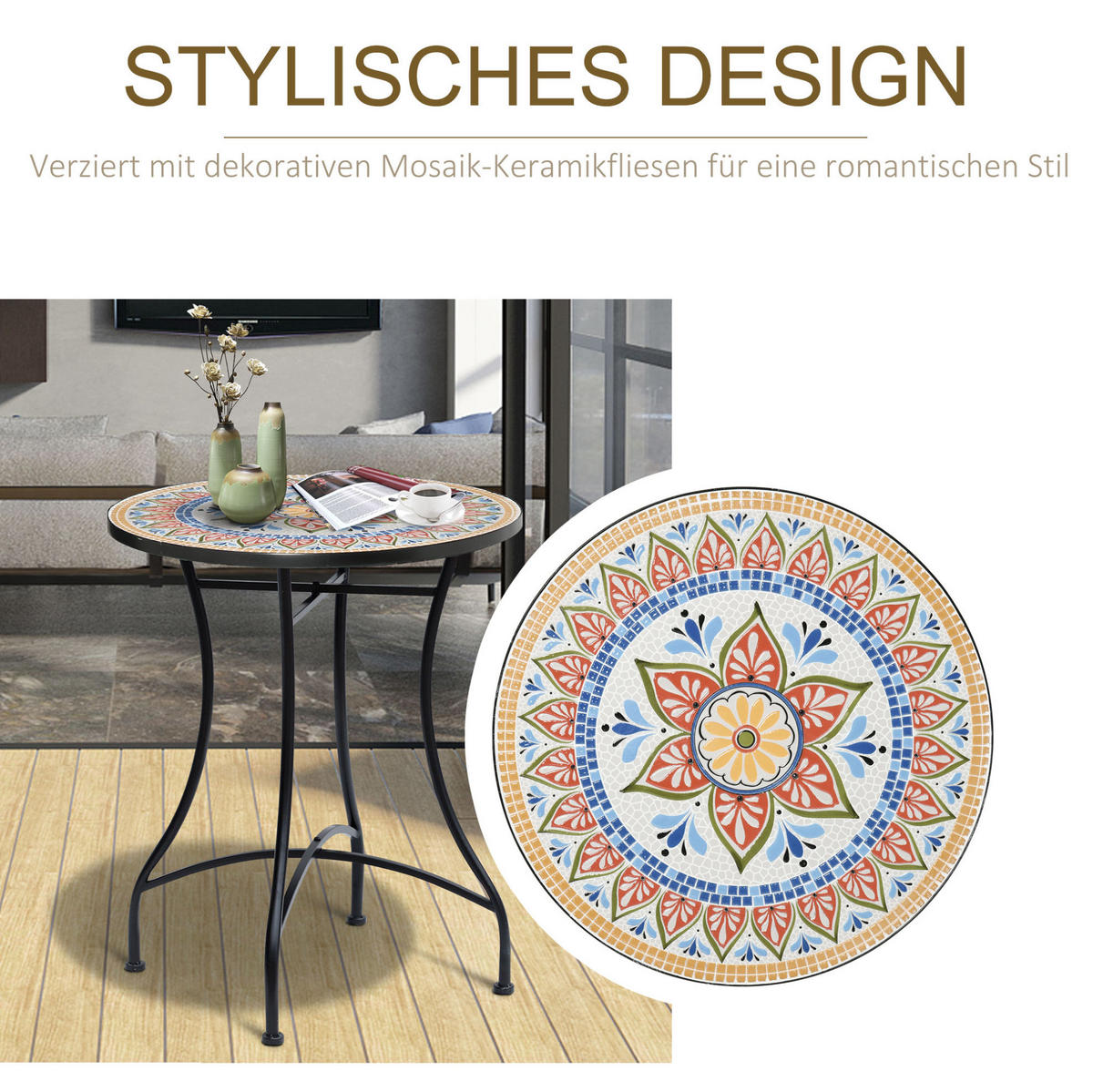 LOUNGETISCH Ø60/71 cm Rot aus Metall mit Mosaikplatte - Naturfarben, Metall (60/60/71cm) - OKMYHOME