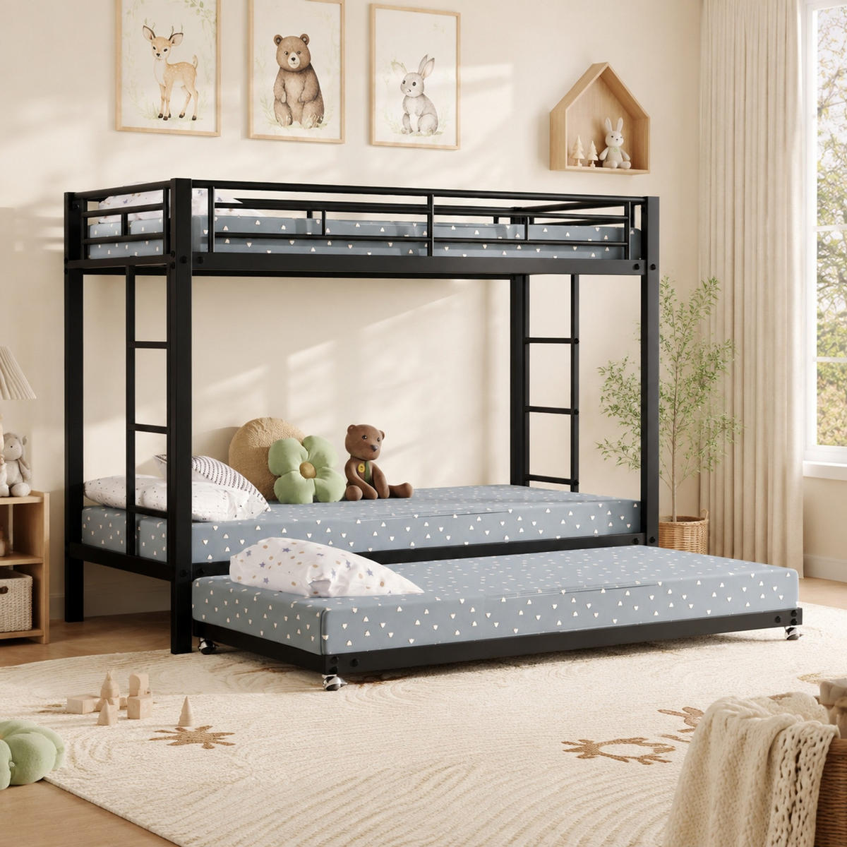 ETAGENBETT 90/200 mit Ausziehbett, Sicherheitsgeländer und Metallrahmen in Schwarz - Schwarz, Metall (90/190cm) - EVRYAE