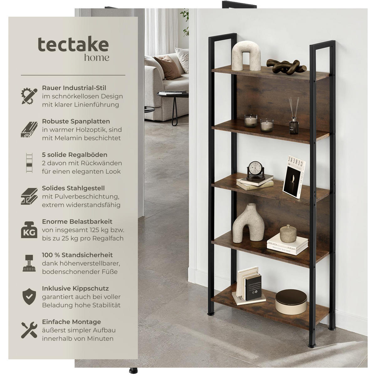 REGAL Westport,inklusive Kippschutz, 62 x 24 x 165,5 cm,Industrial Holz dunkel, rustikal - Rostfarben, Holzwerkstoff (24/165.5/62cm) - tectake