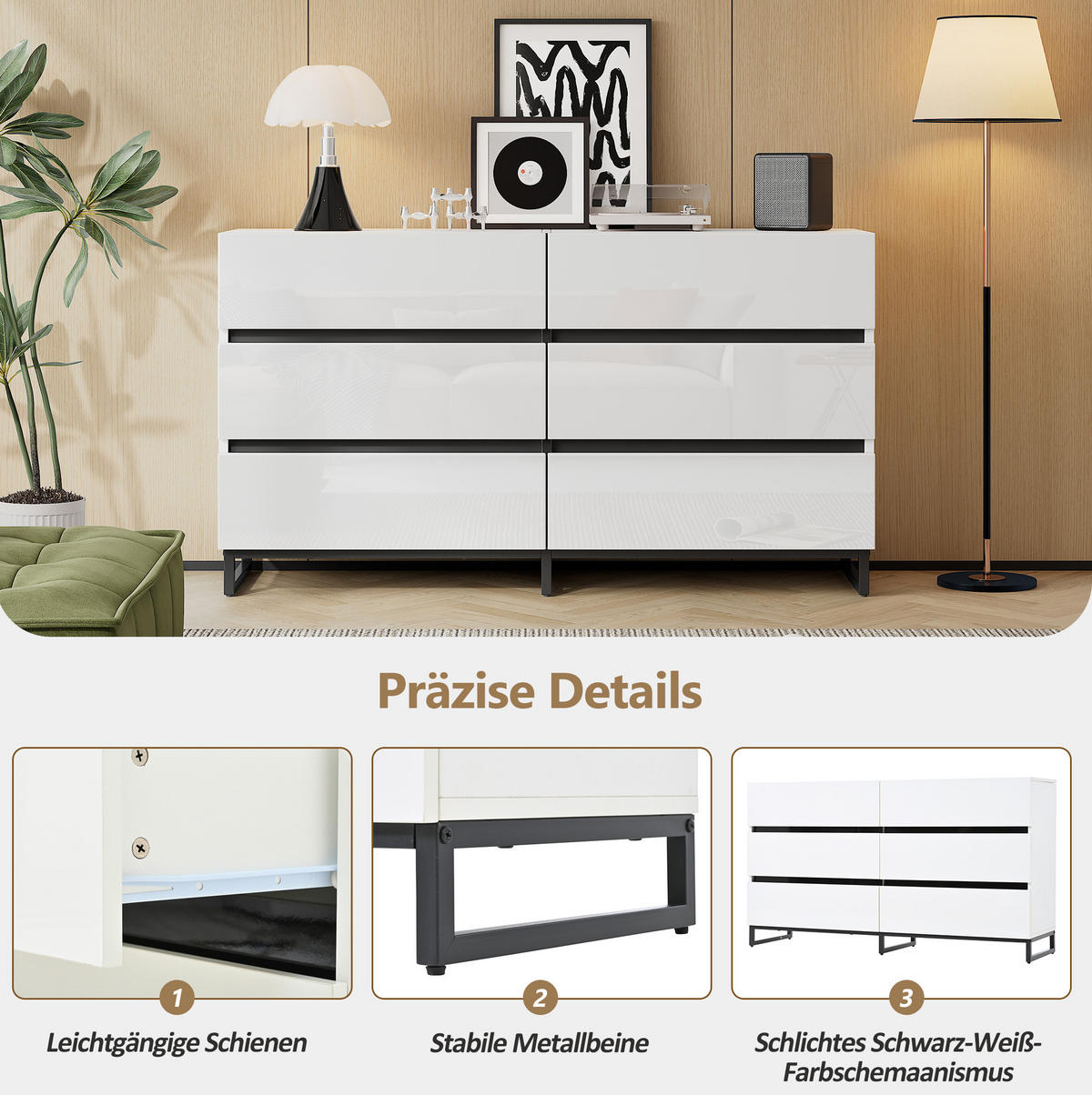 SIDEBOARD 140/39.5/78.5 cm Weiß/Schwarz aus Spanplatte mit 6 Schubladen - Weiß, Holzwerkstoff (39.5/78.5/140cm) - OKMYHOME