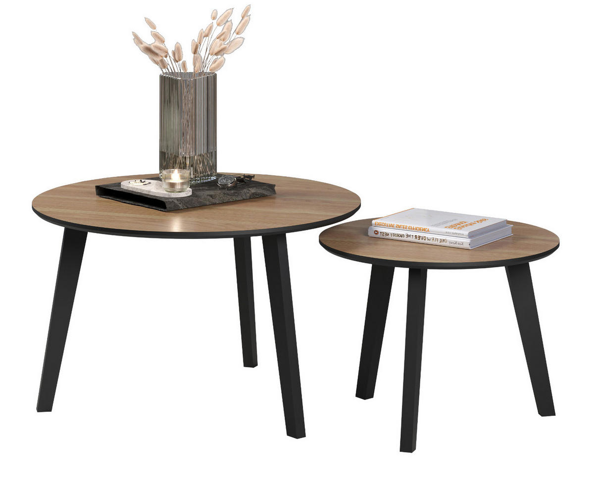 COUCHTISCH 2er Set Eiche, schwarz 2x Beistelltisch rund - Eichefarben/Schwarz, Holzwerkstoff (50/50/39cm) - Top.Furn
