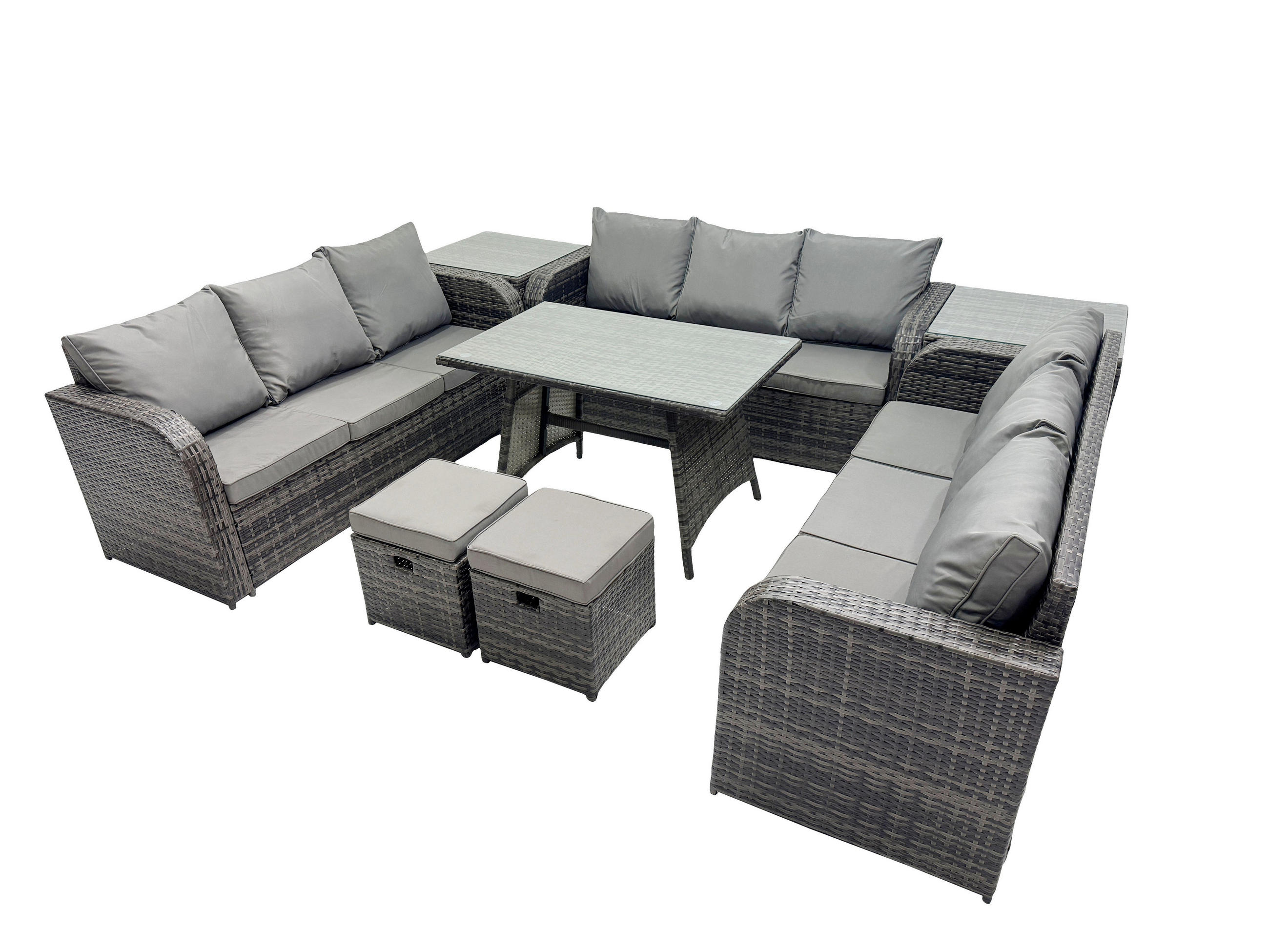 GARTENMÖBELSET mit ESSTISCH, 3-SITZER SOFA Polyrattan 11-Sitzer - Dunkelgrau/Grau, Glas/Kunststoff - Fimous