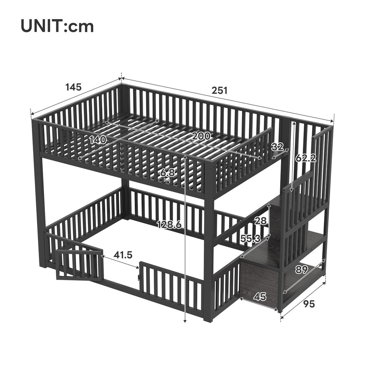 ETAGENBETT 140/200 cm Schwarz mit LED und Stauraumleiter - Schwarz, Metall (140/200cm) - MIVRAY