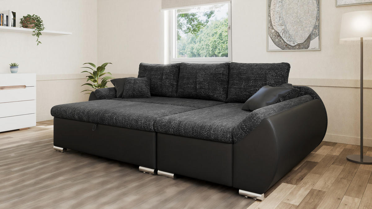 ECKSCHLAFSOFA ALEX – Schwarz + Weiß (Lawa 06 + Soft 17) + Hocker - Rechts - Schwarz, Holzwerkstoff/Metall (275/155cm) - Möblo