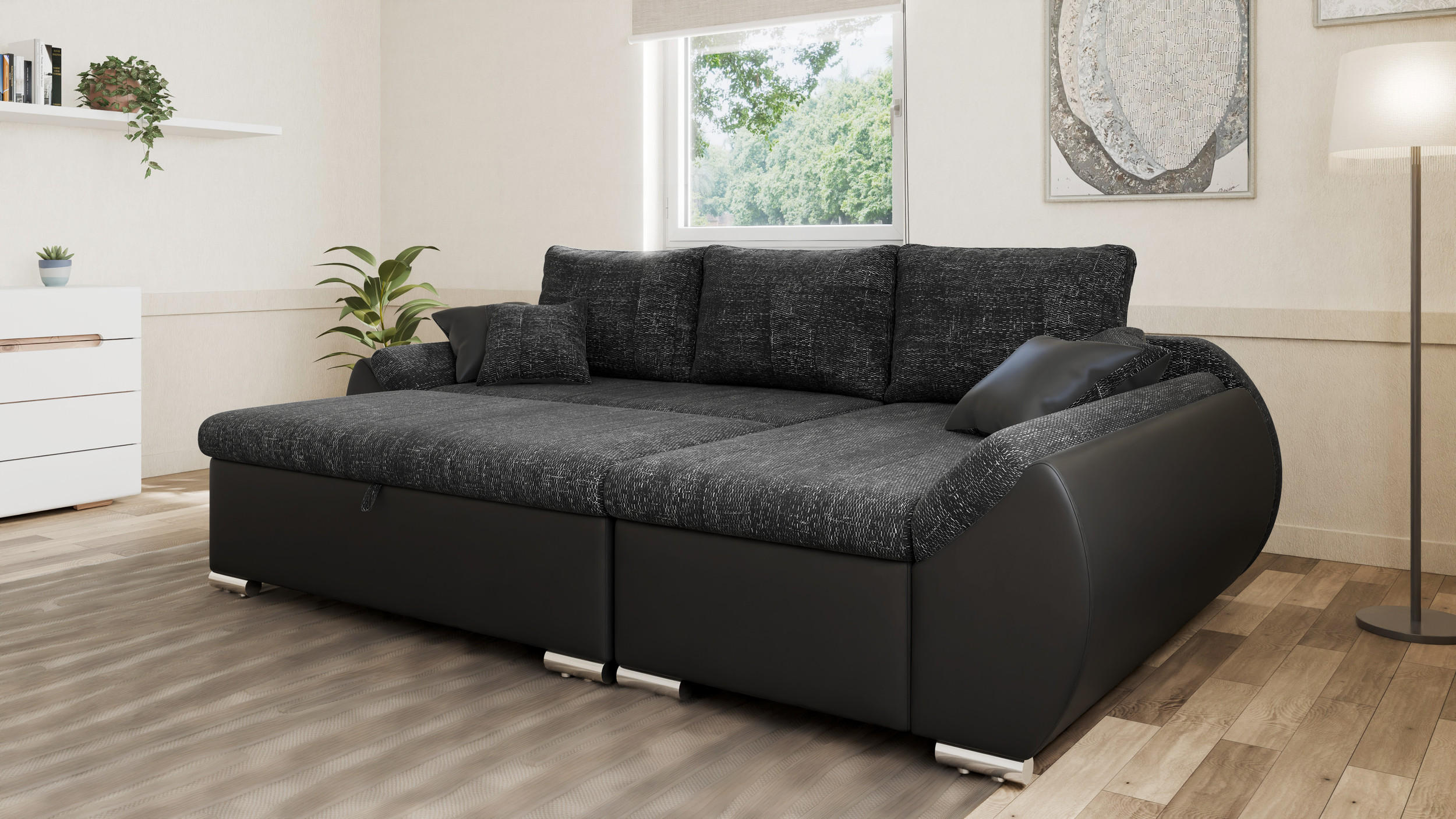 Thumbnail - Möblo Eckschlafsofa, Schwarz, Holzwerkstoff, 4-Sitzer, L-Form,L-Form, 275x155 cm, Wohnzimmer, Sofas & Couches, Wohnlands...